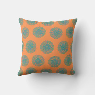 teal-colored mandala designs arranged orange back throw pillow
