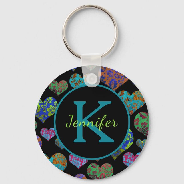 Teal Colorful floral hearts initial name monogram Keychain (Front)