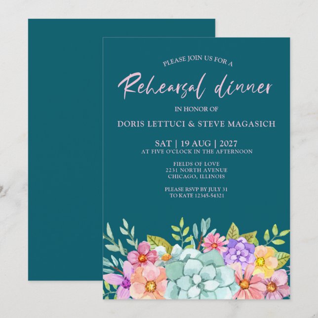  Teal Colorful  Floral Rehearsal Dinner  Invitation (Front/Back)