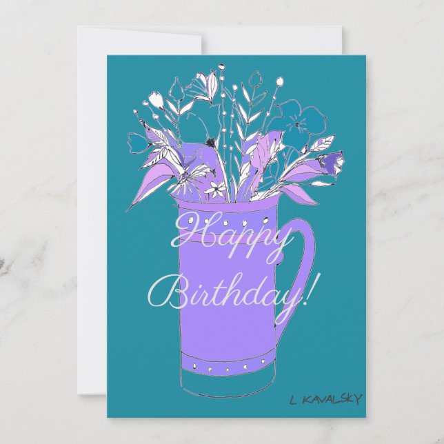 Teal Colorful Happy Birthday Flowers In Mug  Holiday Card (Front)