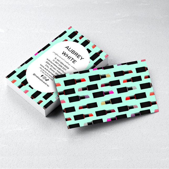 Teal Colorful Lux Lipstick Pattern Makeup Artist Business Card (Creator Uploaded)