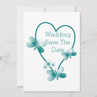 Teal Coloured Butterfly Heart Design Save The Date Invitation