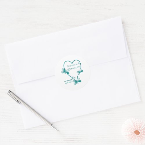 Teal Coloured Butterfly Heart Design Wedding Classic Round Sticker