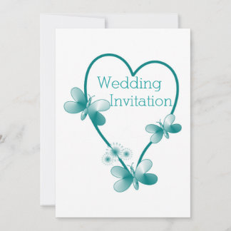 Teal Coloured Butterfly Heart Design Wedding Invitation