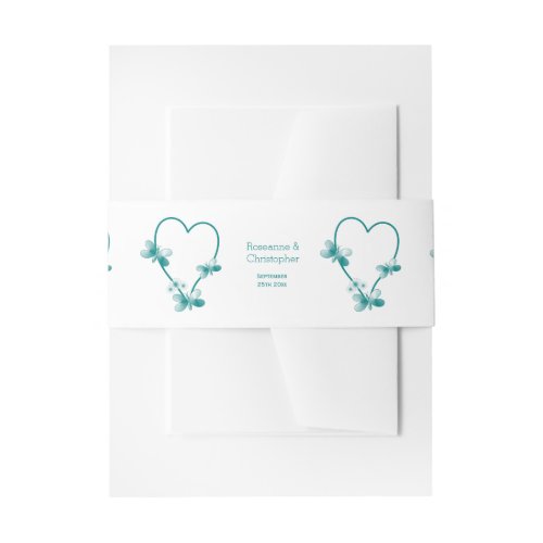 Teal Coloured Butterfly Heart Design Wedding Invitation Belly Band