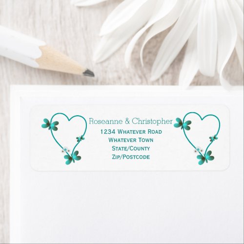 Teal Coloured Butterfly Heart Design Wedding Label