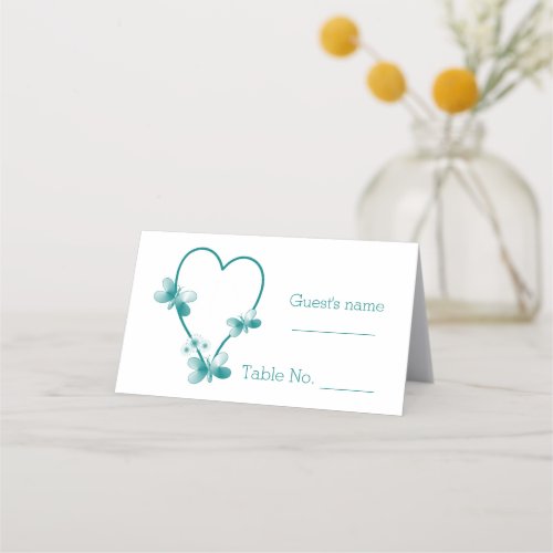 Teal Coloured Butterfly Heart Design Wedding Place Card