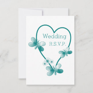 Teal Coloured Butterfly Heart Design Wedding RSVP Invitation