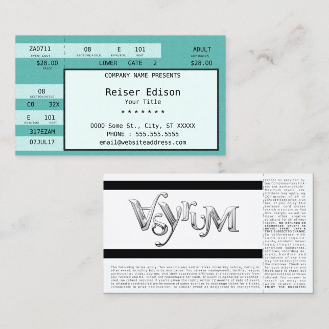 teal concert ticket (Front/Back)