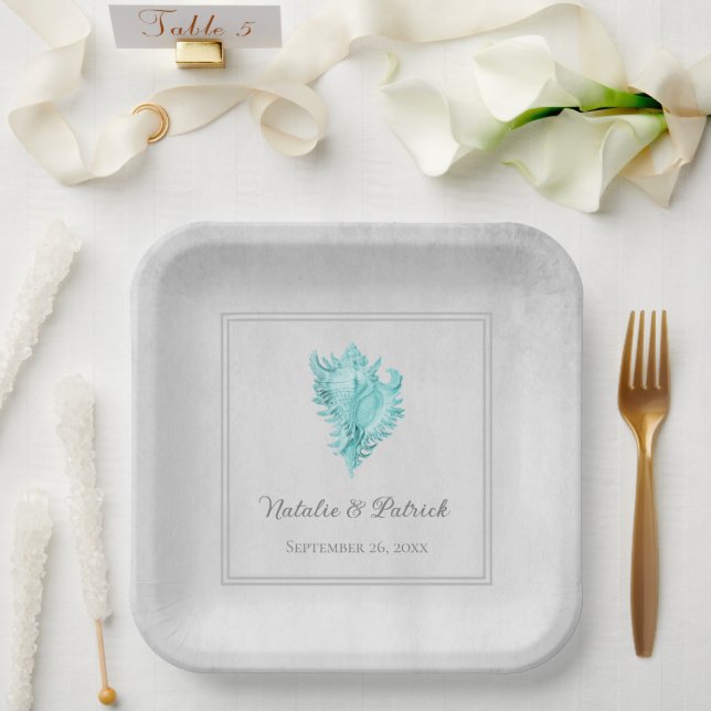 Teal Conch Shell Wedding Paper Plates (Wedding)