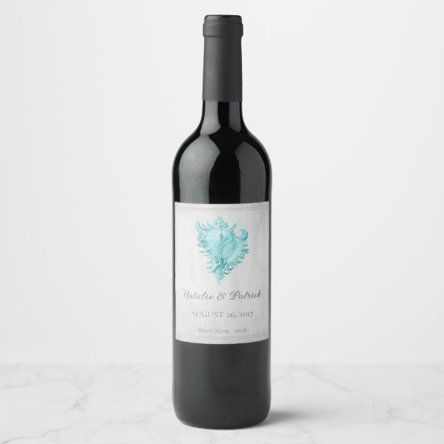 Teal Conch Shell Wedding Wine Label (Front)