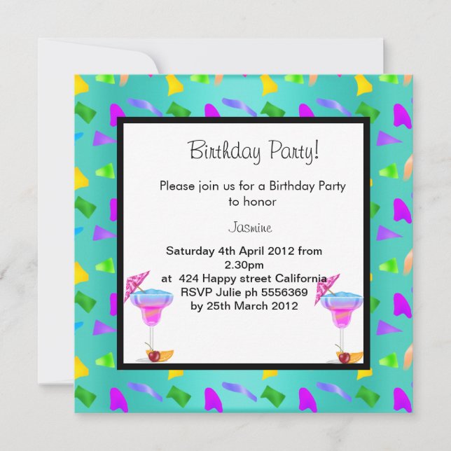 teal confetti BIRTHDAY PARTY INVITATION (Front)
