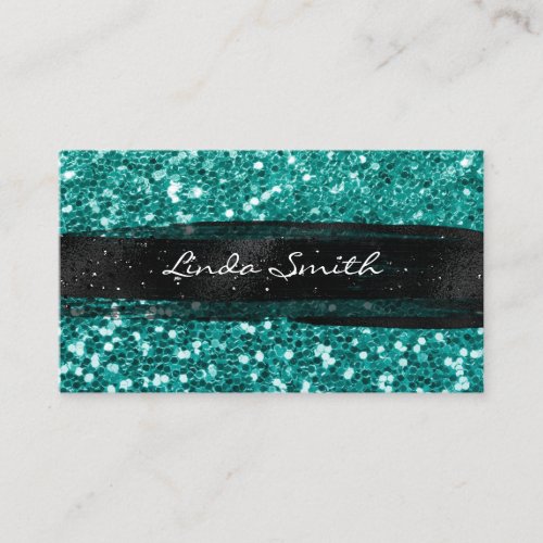 Teal Confetti Glitter Black Brush Strokes Business Card