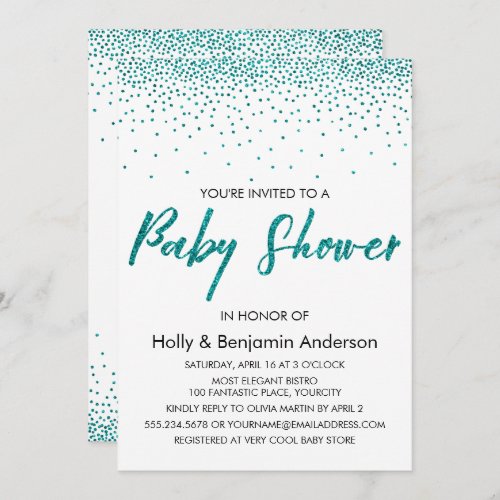 Teal Confetti  Typography Couples Baby Shower Invitation