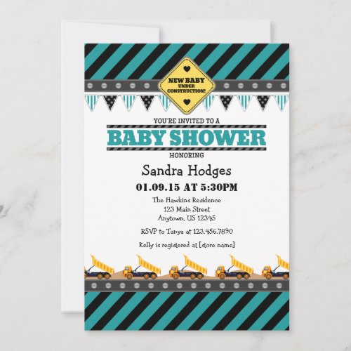 Teal Construction Baby Shower Invitation