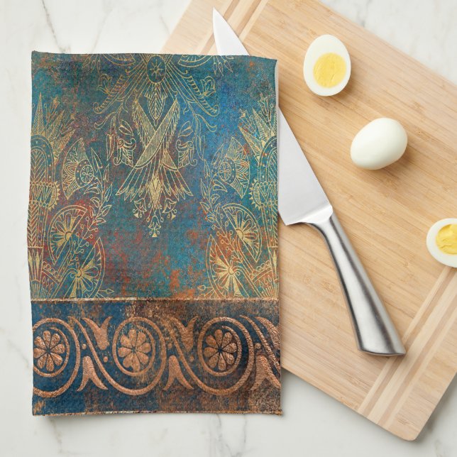 Teal Cooper Patina Turquoise  Kitchen Towel (Quarter Fold)