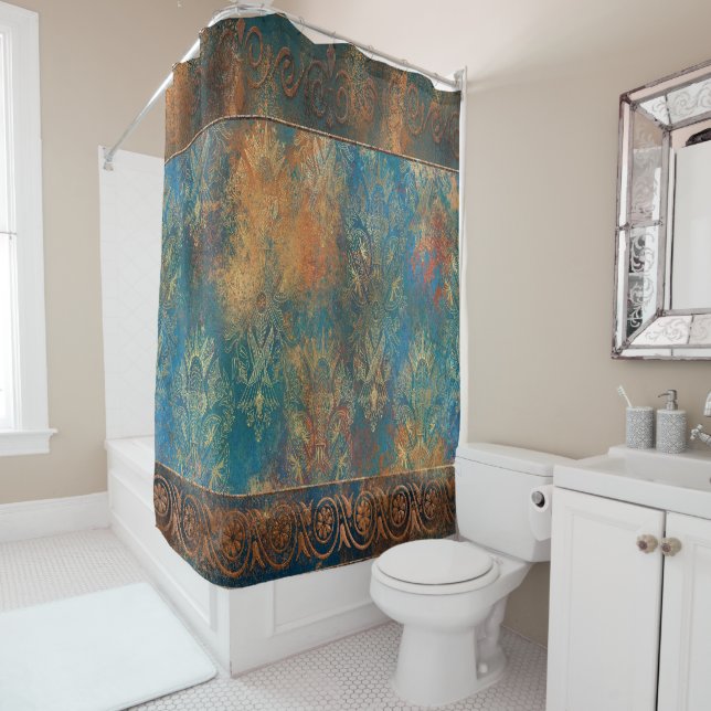Teal Cooper Patina Turquoise Shower Curtain (In Situ)