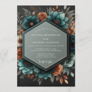 Teal Copper Dramatic Botanical Wedding Invitation