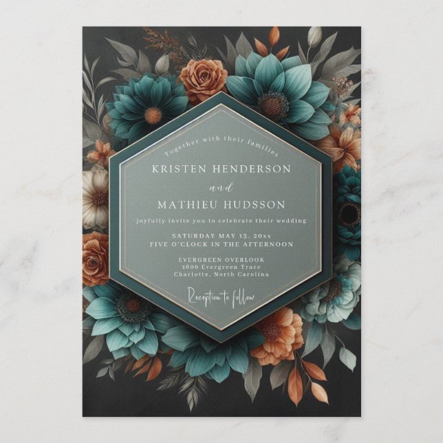 Teal Copper Dramatic Botanical Wedding Invitation (Front)