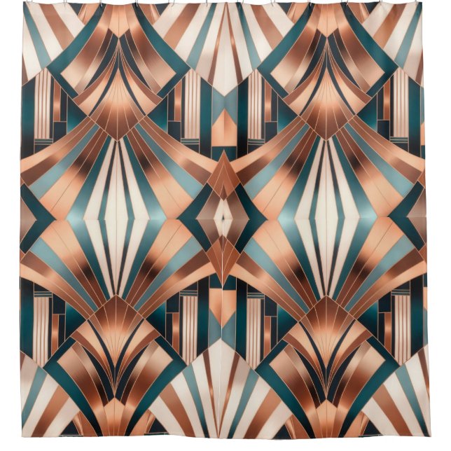 Teal Copper Geometric Skyscraper Neo Art Deco Shower Curtain (Front)