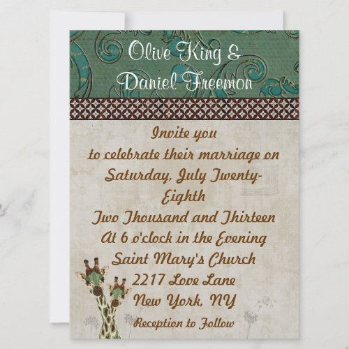 Teal  Copper Giraffes  Wedding Invitation