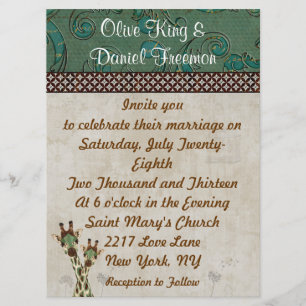 Teal & Copper Giraffes Wedding Invitation