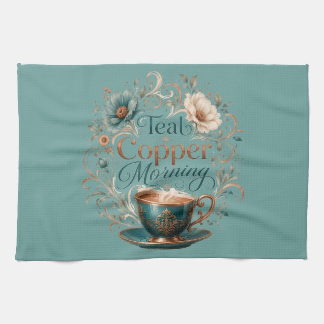 Teal Copper Morning Serving Tray Kitchen Towel (Horizontal)