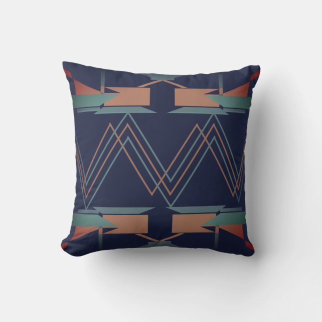 Teal Copper on Navy Blue Zig-zag Southwest Look Throw Pillow (Front)