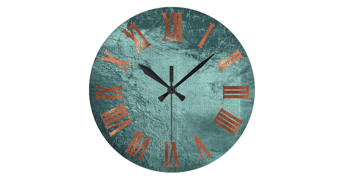 Teal Copper Rose Gold Roman Leather Glass Urban Large Clock