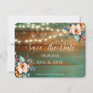 Teal Copper Wood Floral Light Save The Date Note Card