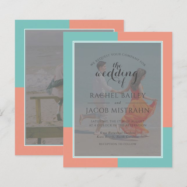 Teal & Coral 2-Photo Budget Wedding Invitation (Front/Back)