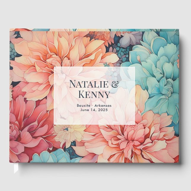 Teal, Coral, and Champagne Floral Wedding Guest Book (Front)