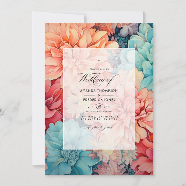 Teal, Coral, and Champagne Floral Wedding Invitation
