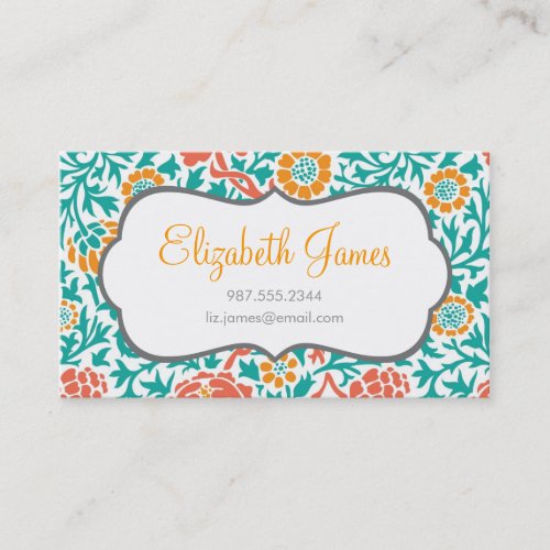 Teal Coral &amp; Orange Retro Floral Damask Business Cards