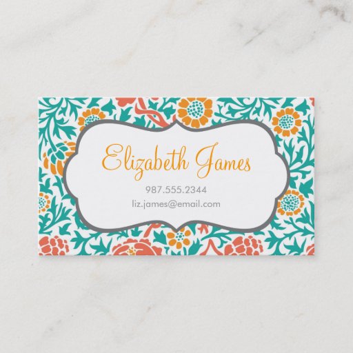 Customizable Teal Coral &amp; Orange Retro Floral Damask Business Cards
