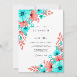 Teal Coral Artistic Bloom Wedding Invitation