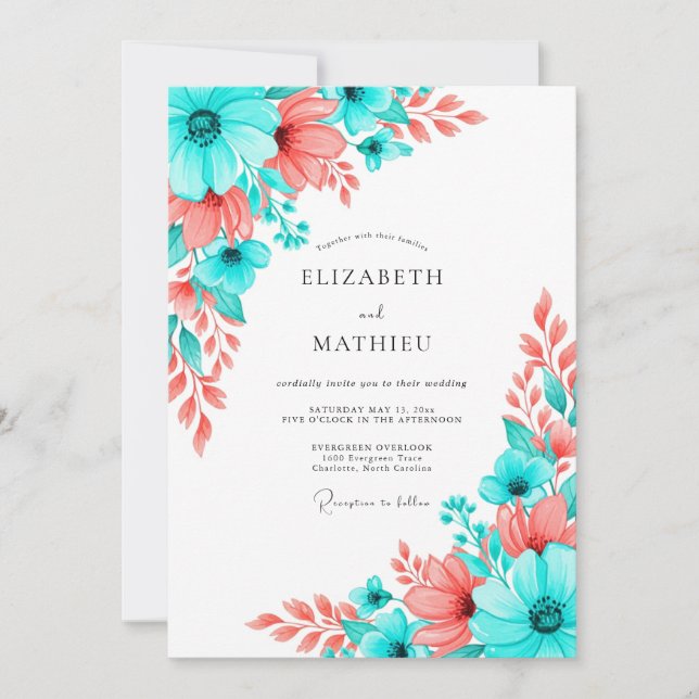 Teal Coral Artistic Bloom Wedding Invitation (Front)
