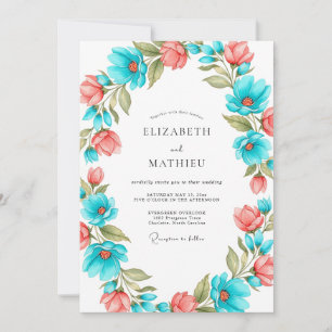 Teal Coral Artistic Blossom Wedding Invitation