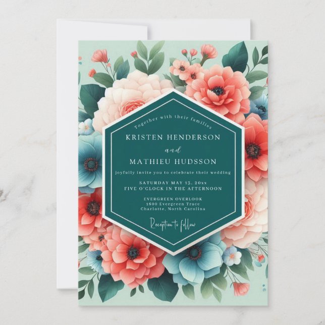 Teal & Coral Artistic Floral Wedding Invitation (Front)