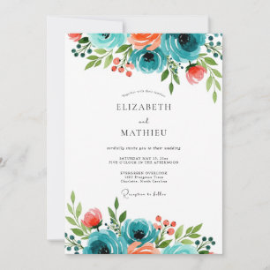 Teal Coral Beaming Botanical Wedding Invitation