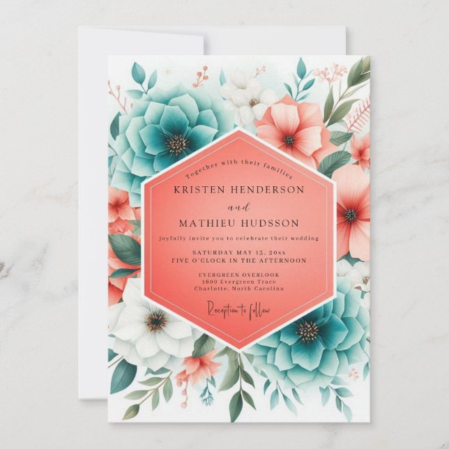 Teal Coral Bloom Romance Wedding Invitation (Front)