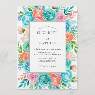 Teal Coral Bloom Romantic Wedding Invitation