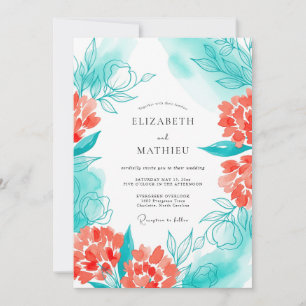 Teal Coral Bloom Wedding Invitation