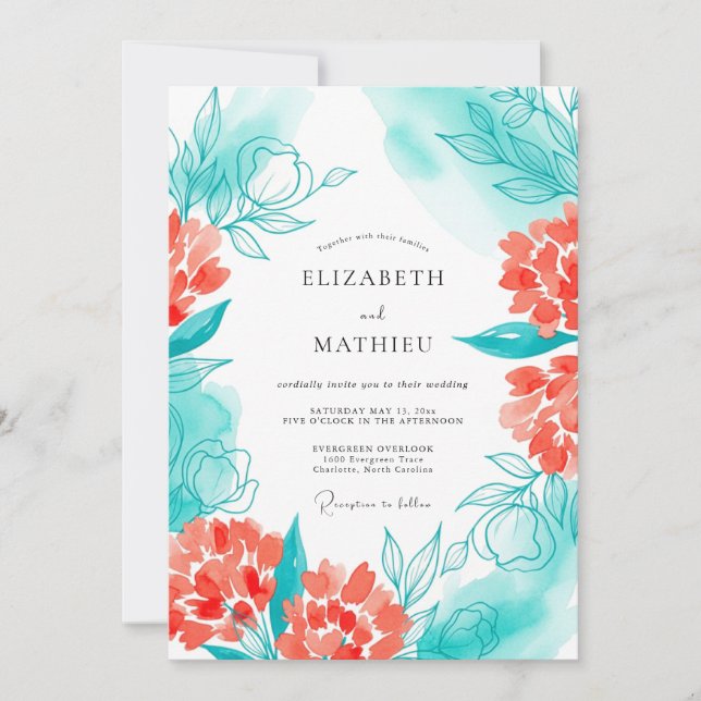 Teal Coral Bloom Wedding Invitation (Front)