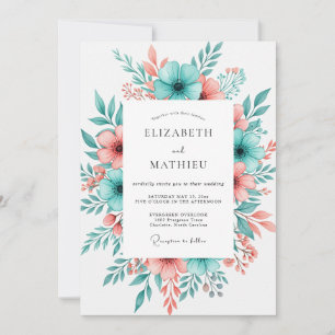 Teal Coral Blooming Floral Wedding Invitation