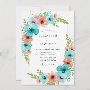 Teal Coral Blooming Romance Wedding Invitation