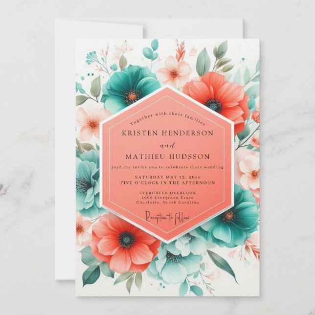 Teal Coral Blossom Romance Wedding Invitation (Front)
