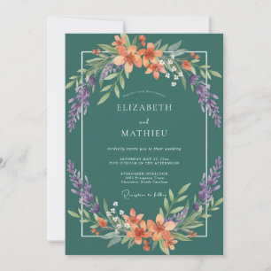 Teal Coral Blossom Wreath Wedding Invitation