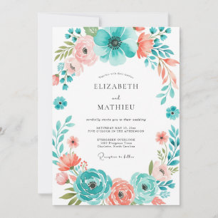 Teal Coral Botanical Bloom Wedding Invitation
