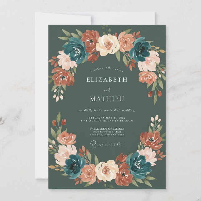 Teal Coral Botanical Flourish Wedding Invitation (Front)